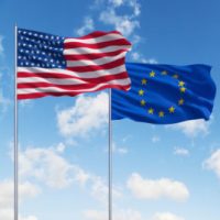 flags of usa and European Union two flags of usa and European Union on a sky background